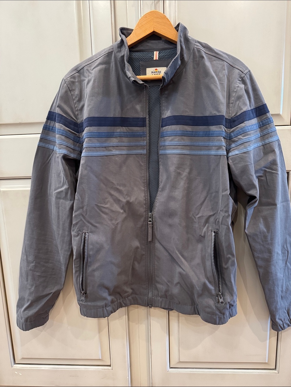 Marine Layer Men's Gray Windbreaker with Blue Stripe Accents